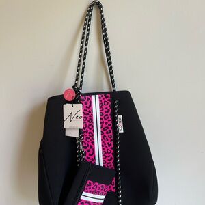 Black‎ and Pink Neoprene Tote with Braided Handle NWT